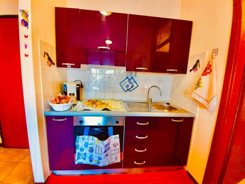 una piccola cucina con armadi rossi e lavandino di CASA VACANZA RELAX a Reggio Emilia