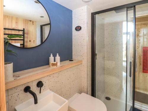 een badkamer met een douche, een wastafel en een spiegel bij North Light Studio in Carinish