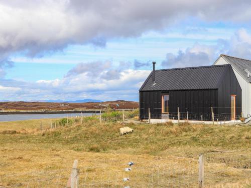 a black barn with a sheep in front of it at North Light Studio in Carinish