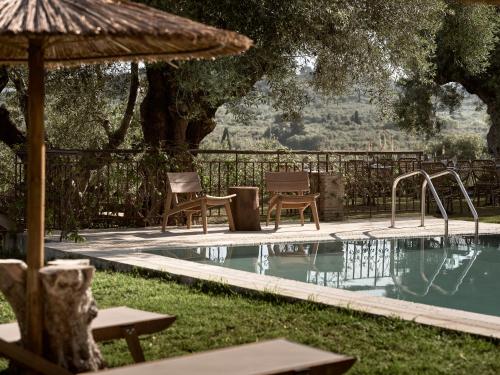 a swimming pool with a table and chairs and an umbrella at Leeda's Village in Lithakia