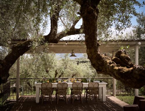 a table with chairs sitting under a tree at Leeda's Village in Lithakia