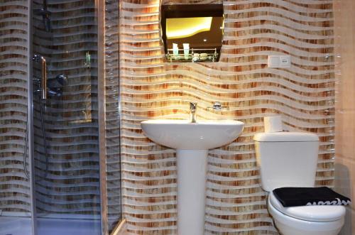 uma casa de banho com um lavatório, um WC e um espelho. em Bonus Hotel em Tbilisi