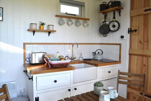 a kitchen with a sink and a counter top at The Nutbourne Hut - shepherd's hut - pint-sized luxury in Hambrook