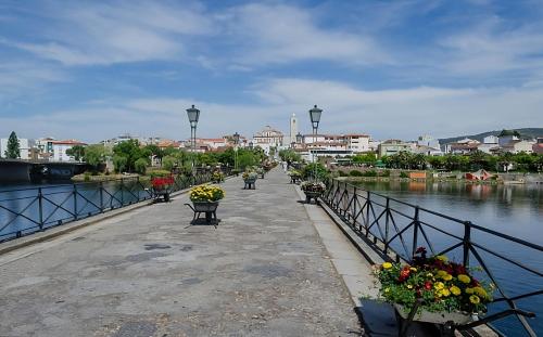 eine Brücke über einen Fluss mit Bänken und Blumen in der Unterkunft Coração do Tua Hotel in Mirandela