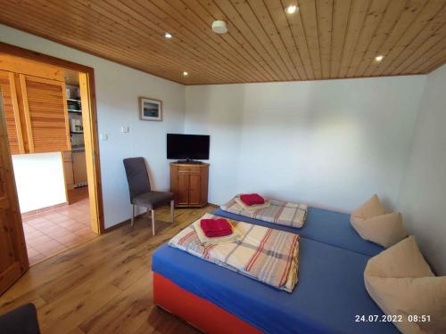 - une chambre avec un lit, une chaise et une télévision dans l'établissement Holiday home Fuhlendorf 1, à Fuhlendorf