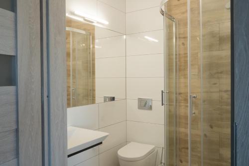 W łazience znajduje się toaleta i przeszklony prysznic. w obiekcie Hotel Pod Brzozą w mieście Strzelce Opolskie