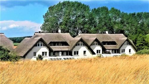 a large white house with a gambrel roof at Strandhaus Lobbe 45481 in Lobbe