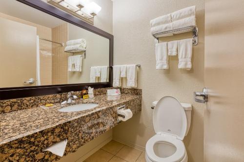 a bathroom with a toilet and a sink and a mirror at Hotel Caves A Family Hotel Near IGI Airport Delhi in New Delhi