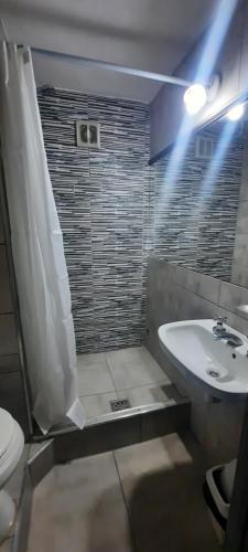 y baño con ducha, aseo y lavamanos. en Departamento Macro en Mendoza