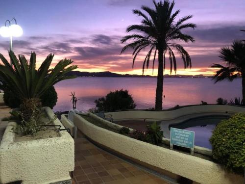 a view of the water with palm trees and a sunset at Cabo Romano, 3 Bedroom,2 Bathroom Apartment with Sea Views LMHA 14 in La Manga del Mar Menor
