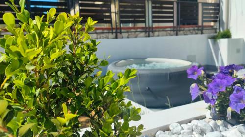 a garden with purple flowers and a tub of water at Casa Phimes in Calatafimi