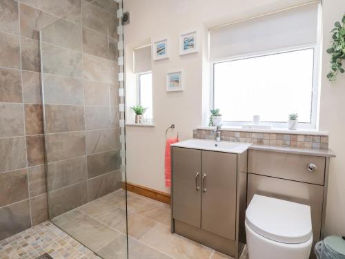 a bathroom with a shower and a toilet and a sink at 3 Rhyd Drive in Colwyn Bay