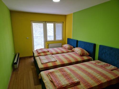 two beds in a room with green and yellow walls at Greenspace in Niš