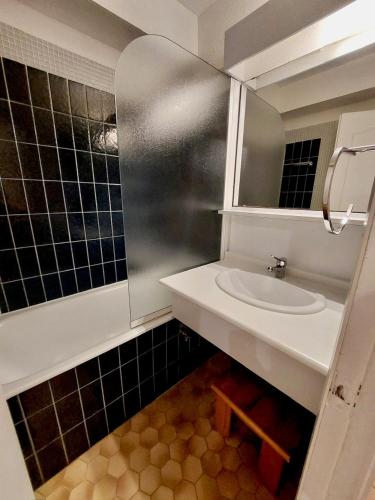 une salle de bain avec un lavabo et un miroir dans l'établissement coquet appartement 1 chambre avec parking bord de plage, à Sète