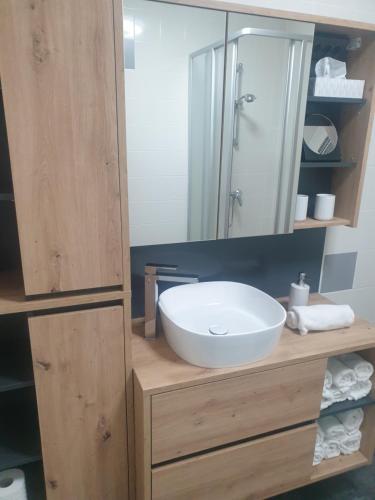 a bathroom with a white sink and a mirror at Ferienhaus Apetlon in Apetlon