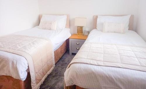1 dormitorio con 2 camas y mesita de noche con lámpara en Sea View Apartment Blyth, en Blythe