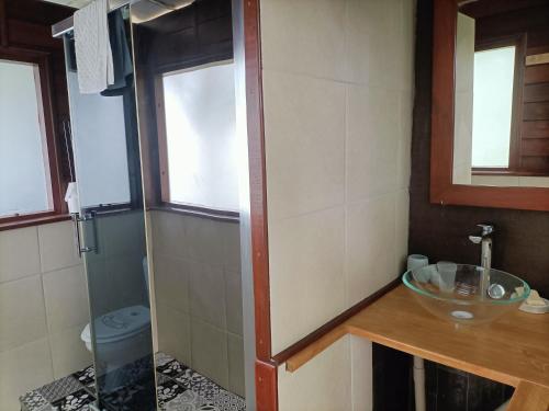 ein kleines Bad mit einem Waschbecken und einem WC in der Unterkunft Cabane Dans Les Arbres - Les Lutins in Mechmont