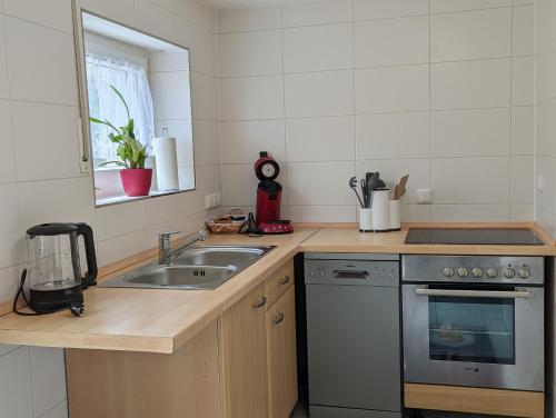 a kitchen with a sink and a stove at Ferienwohnung Freitag in Vendersheim