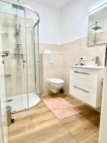 y baño con ducha, aseo y lavamanos. en Wohnung im Erdgeschoss en Bietigheim-Bissingen