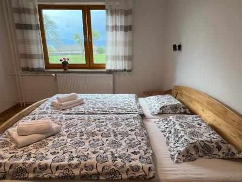 2 camas individuales en un dormitorio con ventana en Apartma Ana in Manca, en Begunje na Gorenjskem