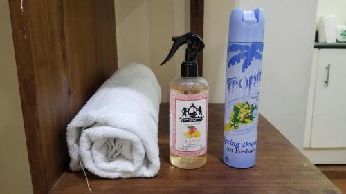 a bottle of soap and a towel on a counter next to a blow dryer at Stylish Studio apartment with Pool and Gym in Dar es Salaam