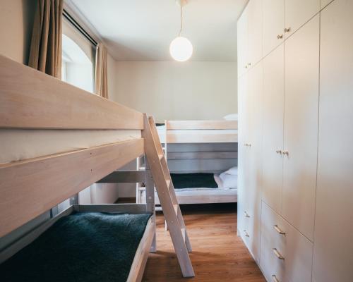 a small bedroom with two bunk beds and a ladder at Aparthotel & Wellness Knížecí cesta in Horní Planá