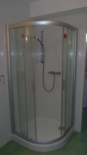 a shower with a glass enclosure in a bathroom at Pension Úsvit in Podkopná Lhota