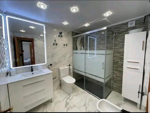 Un baño con lavabo, inodoro y ducha. en Apartamento Sol y Playa, en Puerto Sagunto