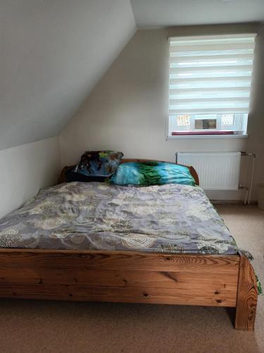 Aizkraukle的住宿－DOM614，一间卧室配有一张木床和窗户