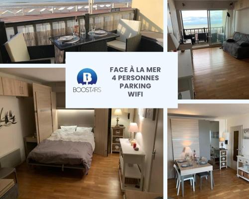 un collage de trois photos d'une chambre et d'un appartement dans l'établissement Grand studio pour 4 face à la mer, à Villers-sur-Mer