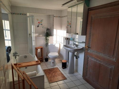 a bathroom with a toilet and a sink and a shower at Le Têli du loup in Stavelot