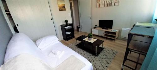 - un salon avec un canapé blanc et une télévision dans l'établissement Le Debussy - studio - WIFI FIBRE- centre ville- parking, à Tarbes