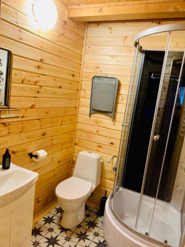 a bathroom with a toilet and a sink and a tub at Igły i szyszki in Zimna Woda
