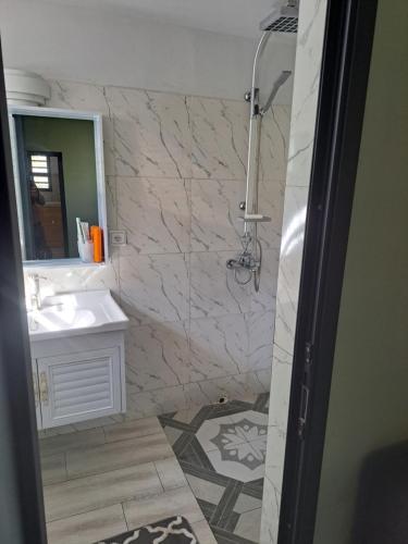 a bathroom with a sink and a mirror at le tamarin in Toliara