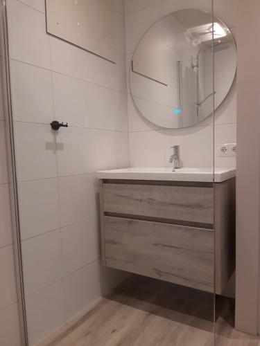 een badkamer met een wastafel en een spiegel bij strandhuis De Bakkeete A in Kamperland