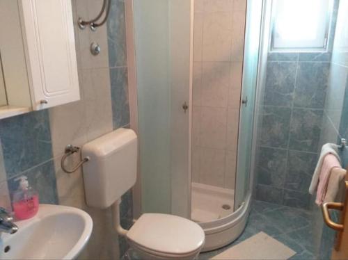 a bathroom with a shower and a toilet and a sink at Studio apartmani Ante in Zaostrog