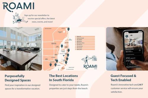 a brochure for a restaurant with a person holding a cell phone at Roami at The Carmela in Miami Beach
