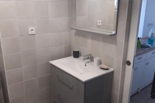 ein weißes Badezimmer mit einem Waschbecken und einem Spiegel in der Unterkunft Appartement cosy au calme La Salamandre 