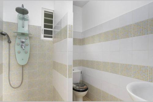 W łazience znajduje się prysznic, toaleta i umywalka. w obiekcie Villa Mango 150 mètres plage à pied w mieście Sainte-Luce