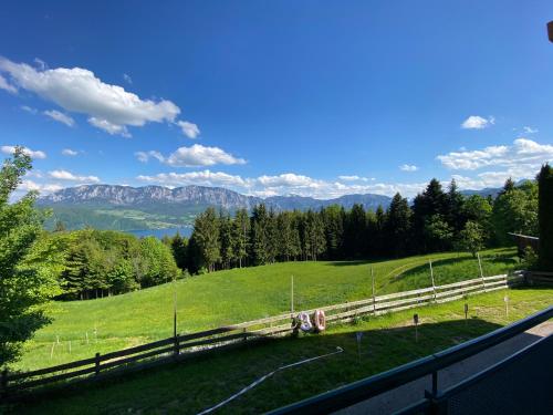 a green pasture with a fence and mountains in the background at moderne Apartments am Attersee Dachsteinblick - ruhige Lage mit traumhaften Blick in Nussdorf am Attersee