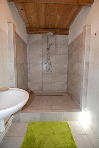 a bathroom with a shower with a tub and a sink at Penzion Květná Zahrada in Květná