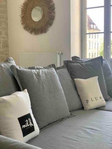a blue couch with pillows on it in a living room at Détente et vue exceptionnelle à L'appart' de Charles in Dole