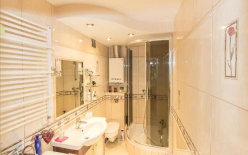 uma casa de banho com um chuveiro, um lavatório e um WC. em Słoneczny Apartament em Szczecinek