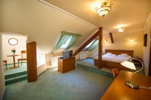 Schlafzimmer mit einem Bett, einem Schreibtisch und einem TV in der Unterkunft Hotel Most Slávy in Trenčianske Teplice