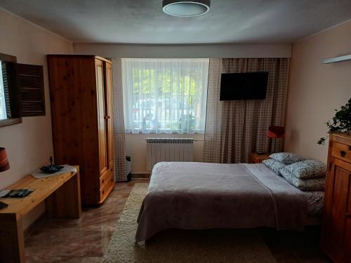 - une chambre avec un lit et une télévision dans l'établissement APARTAMENT nad Kanałem Augustowskim, à Augustów