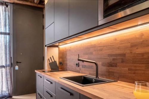 a kitchen with a sink and a wooden wall at Sea View Garden Suites in Piraeus