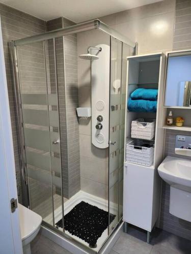 a bathroom with a shower and a toilet and a sink at Apartamento de playa familiar, piscina y garaje. in Ares