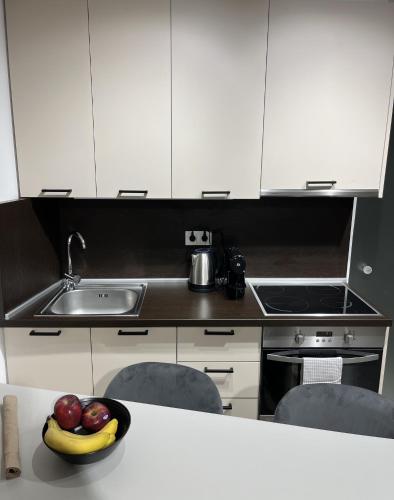 a kitchen with a bowl of fruit on a counter at City Centre Suites in Komotini