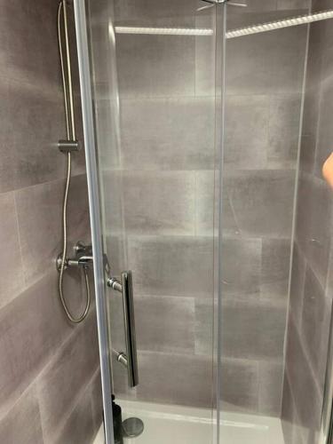 a shower with a glass door in a bathroom at Villa Kunterbunt, W-Lan, Office in Leverkusen