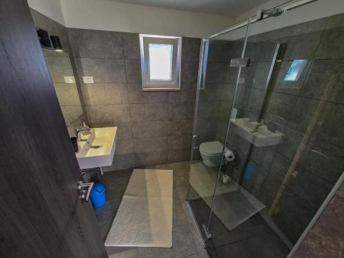 a bathroom with a shower and a sink and a toilet at Villa Ska in Pula